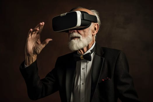 A senior man in a tuxedo explores virtual realms with a VR headset