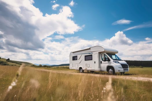 Motorhome parked on rural dirt road with trees and fields under a blue sky. Travel and adventure concept for design and print. Outdoor lifestyle photography