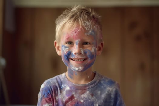 Young boy with painted face. Messy play and creativity concept. Indoor casual portrait for design and educational content