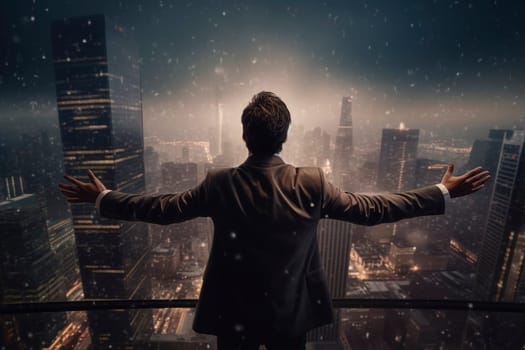 Businessman Embracing Cityscape at Night.