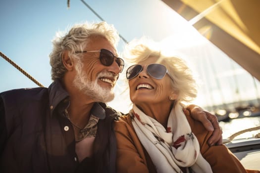 Joyful elderly couple with sunglasses sharing a laugh on a sunny sailing adventure.