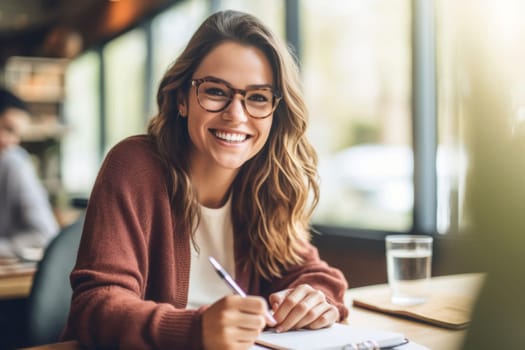 Cheerful young woman with glasses writing in a notebook, sitting in a sunny cafe, embodying productivity and positivity.