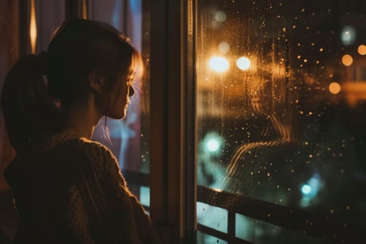 A young woman gazes out a rain-speckled window, her reflection mingling with the city lights beyond. The intimate moment captures a quiet urban evening