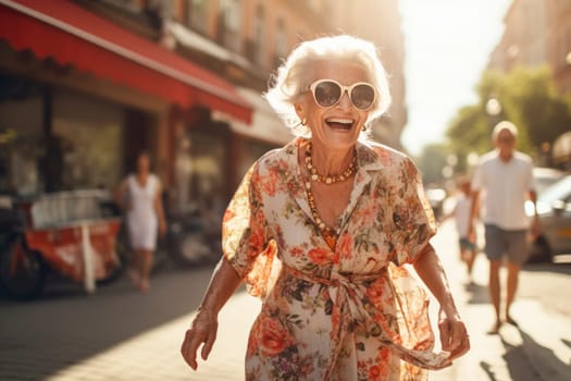 Elderly woman dancing on city street. Active seniors and urban lifestyle concept. Candid portrait with copy space for design and print. Joyful motion and freedom theme