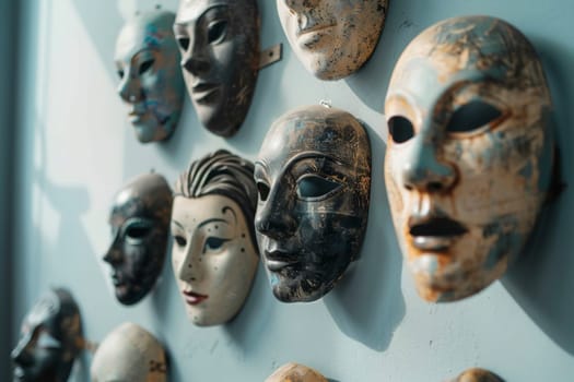 An array of weathered masks hangs on a wall, each conveying its unique expression and hinting at untold stories. The shadows cast a dramatic effect, adding to the mystery