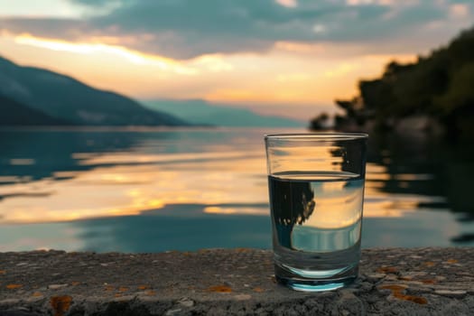 A glass of crystal-clear water sits on a rocky surface, with a tranquil lake and hills in the backdrop. This image epitomizes the purity and essence of nature.