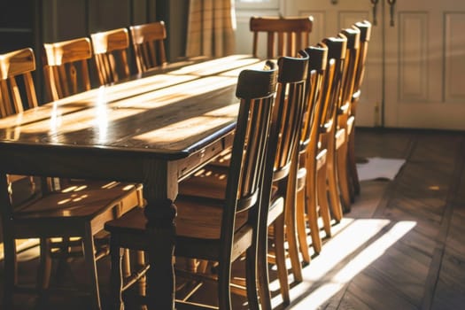 Warm sunlight bathes an empty wooden dining table and chairs, casting soft shadows on the hardwood floor. The arrangement invites a sense of homely comfort and anticipation for a gathering