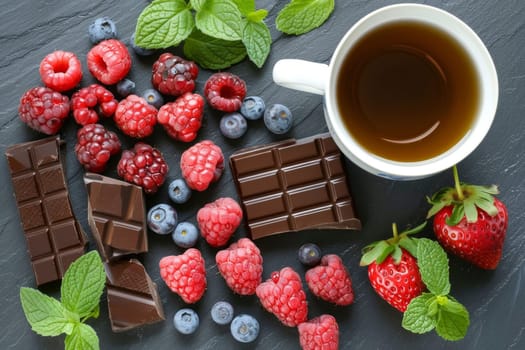 Assortment of berries, chocolate pieces, and mint leaves around a cup of tea on a black slate background. Food pairing and dessert concept for design in recipe books and gastronomy content