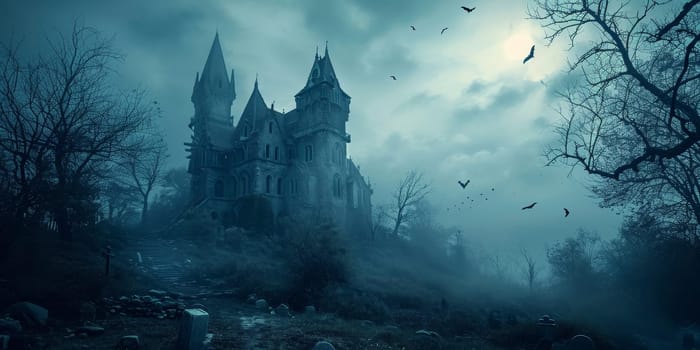 Haunted Gothic Castle in a Misty Forest Graveyard Scene at Twilight - A Spooky Atmospheric Setting.