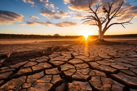 The setting sun casts a warm glow over a parched, cracked landscape with a solitary dead tree, evoking themes of climate change and drought.