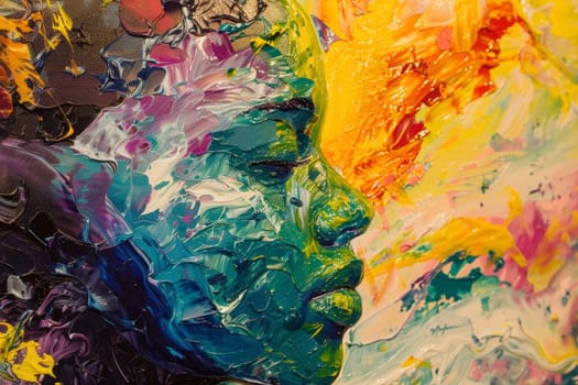 A canvas bursts with a vibrant abstract painting, showcasing a rich palette of colors blended together in a chaotic yet harmonious composition. The texture of the paint adds depth and character to the artwork