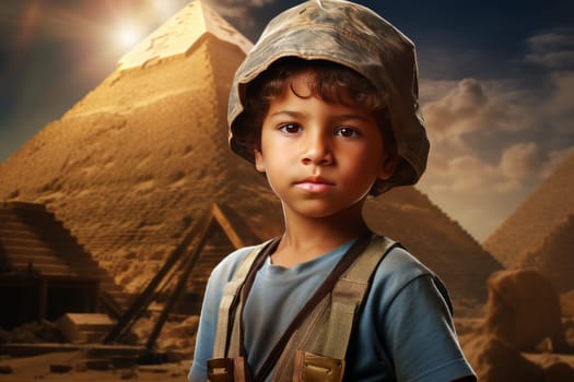 Majestic Ancient egyptian pyramid child boy. Ancient worker. Generate Ai