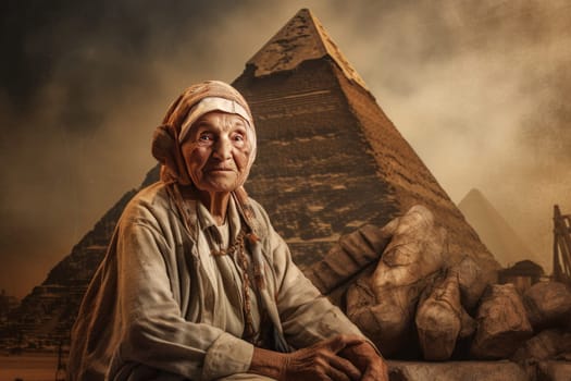 Cultural Ancient egyptian pyramid old woman. Ancient worker. Generate Ai
