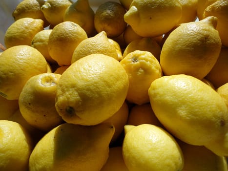 A bountiful arrangement of bright yellow lemons bathed in natural sunlight. Their textured skins catch the light, creating a play of highlights and shadows. The lemons are tightly clustered, radiating freshness and vitality. Whether destined for a refreshing pitcher of lemonade or as a vibrant kitchen accent, this citrus bounty embodies zest, abundance, and sunny vibes.
