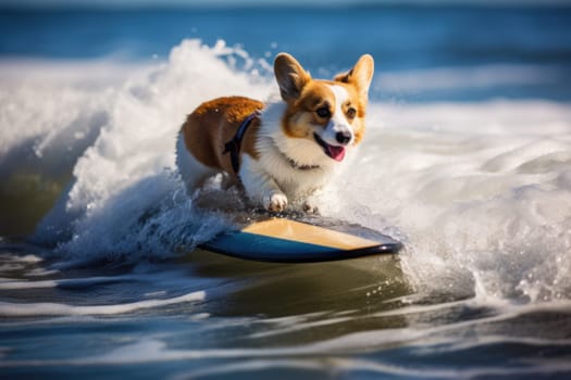 Buoyant Corgi surfboard. Poodle dog west. Generate Ai