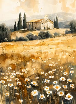 A beautiful painting of a field of daisies under the sunlight, with a house in the background set against a picturesque sky filled with clouds