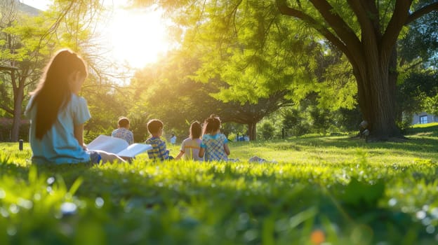 A joyful group of people enjoying the natural landscape, sitting on the grass in a park surrounded by trees and terrestrial plants. AIG41