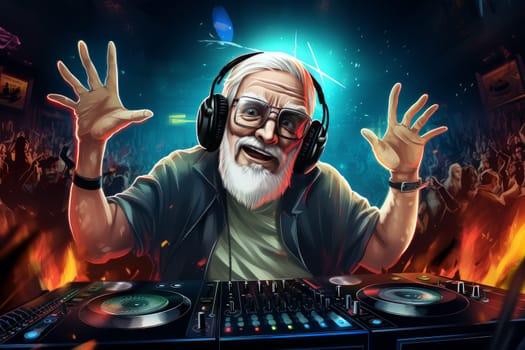 Vibrant Dj old man party dancing people club. Fun show. Generate Ai