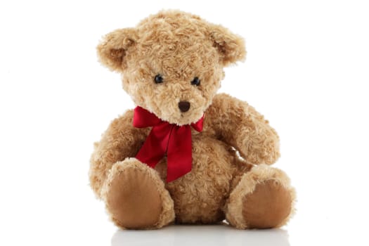 A Brown Teddy Bear with red ribbon