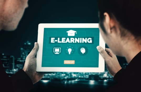 E-learning and Online Education for Student and University Concept. Graphic interface showing technology of digital training course for people to do remote learning from anywhere. uds