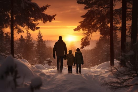 Frosty Family forest winter sunset. Park fun child. Generate Ai