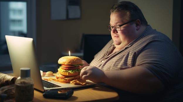 very fat guy makes birthday wish and blows out a candle on a big hamburger, sits at a laptop, celebrates remotely with friends, overweight guy, no diet, international hamburger day,Generated AI
