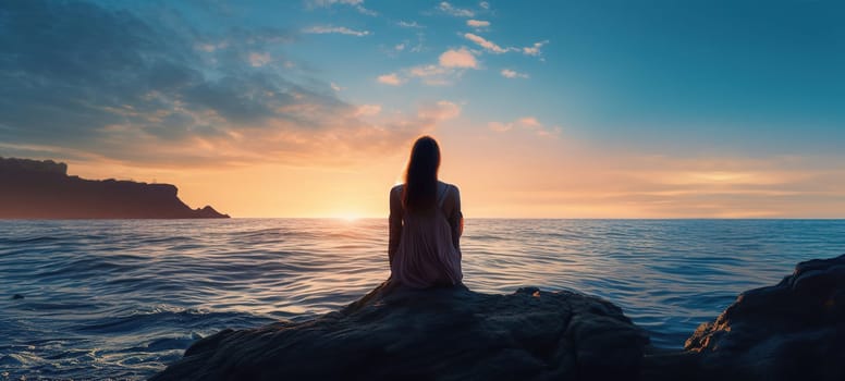 young woman in a white dress sadly sits on a rock by the sea, all alone and looks at the dawn on the horizon, central composition, view from the back, psychology concept, Generated AI