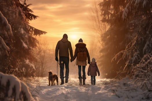 Inviting Family forest winter sunset. Park fun child. Generate Ai