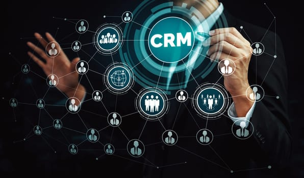 CRM Customer Relationship Management for business sales marketing system concept presented in futuristic graphic interface of service application to support CRM database analysis. uds