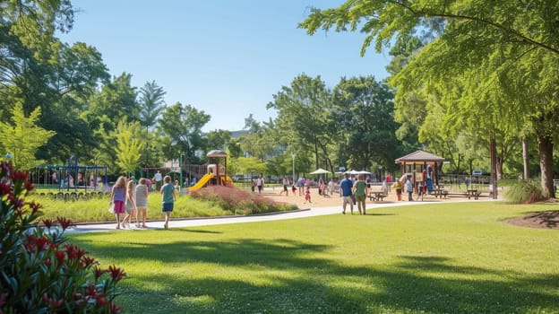 A group of people enjoying leisure activities in a park with a playground, surrounded by natural landscapes, trees, grass, and plants. AIG41