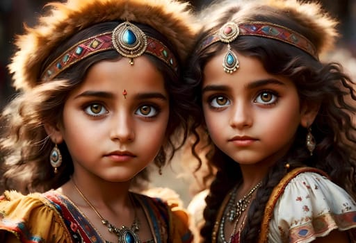 Beautiful gypsy children in elegant gypsy costumes .AI generated image.