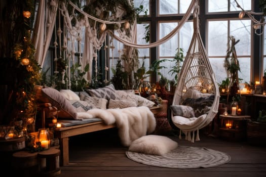 Warm Boho winter room tent. Home plaid. Generate Ai