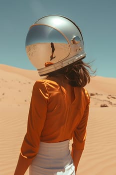 A woman in personal protective equipment, wearing a helmet, stands in the desert landscape under a clear sky, showcasing a mix of travel, sports gear, and recreation