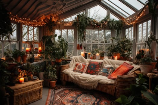 Charming Boho winter room tent. Home plaid. Generate Ai