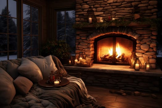 Rustic Cozy interior fireplace room. Vacation forest. Generate Ai