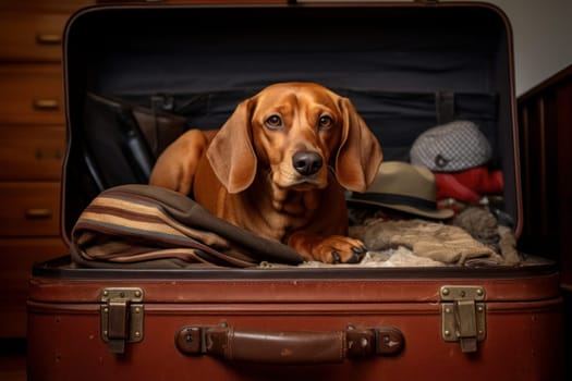 Patient Dog sit at open suitcase. Vacation travel. Generate Ai