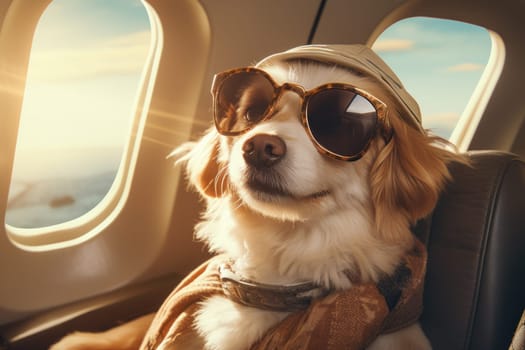 Well-traveled Dog plane passenger. Carrier puppy. Generate Ai
