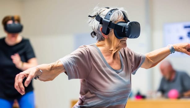 One woman mature senior caucasian female home enjoy virtual reality VR headset active senior concept copy space.