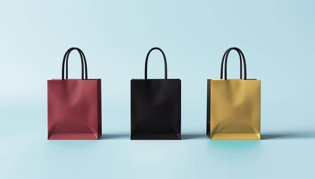 Paper bags. Kraft paper shopping bags. Black, yellow and red folded paper bag with handle.