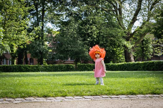 A portrait of one beautiful Caucasian little girl in a pink dress with a red Belgian flag wig on her head stands on the right on the lawn in a city park on a summer day and looks at the camera, side view close-up with copy space on the left.