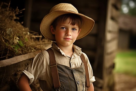 Adventurous American farmer boy at field. Male labor house. Generate Ai