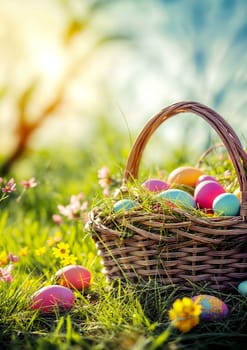 Vibrant Basket of Easter Delights Gracefully Nestled in Abundant Green Field - Easter background - Generative AI