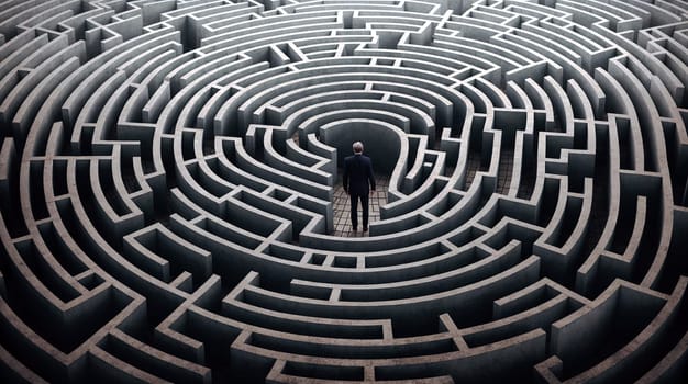 A lone businessman stands at the center of a complex maze, symbolizing the search for solutions and direction - Generative AI