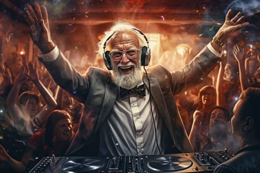 Joyful Dj old man party dancing people club. Fun show. Generate Ai