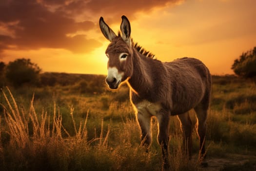 Rustic Donkey field sunset. Cute summer rural. Generate Ai