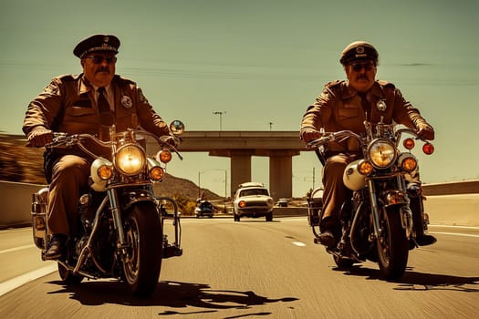 veteran chips police patrol on motorbikes riding steampunk bikes funny postcards generative ai art