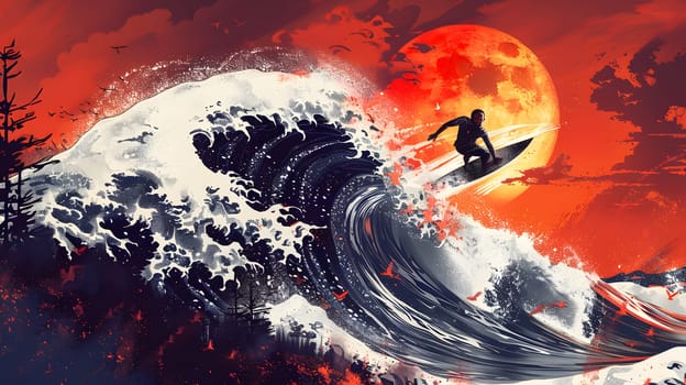 An artistic painting of a man riding a wind wave on a surfboard under a full moon, capturing the beauty of the world and astronomical objects