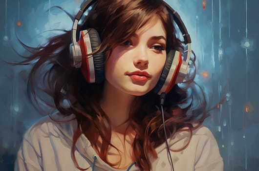 Joyful Girl listen music. Happy person smile. Generate Ai