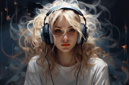 Serene Girl listen music. Happy person smile. Generate Ai