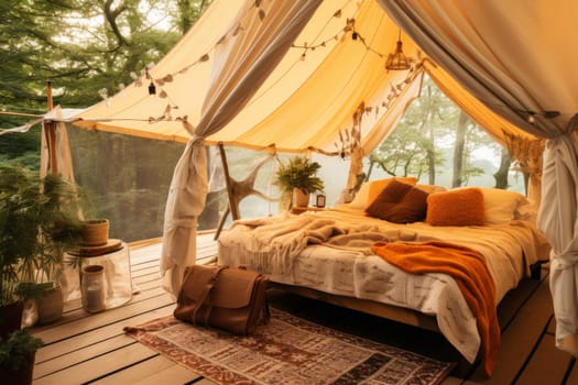 Vibrant Summer glamping tent. Holiday outdoor. Generate Ai